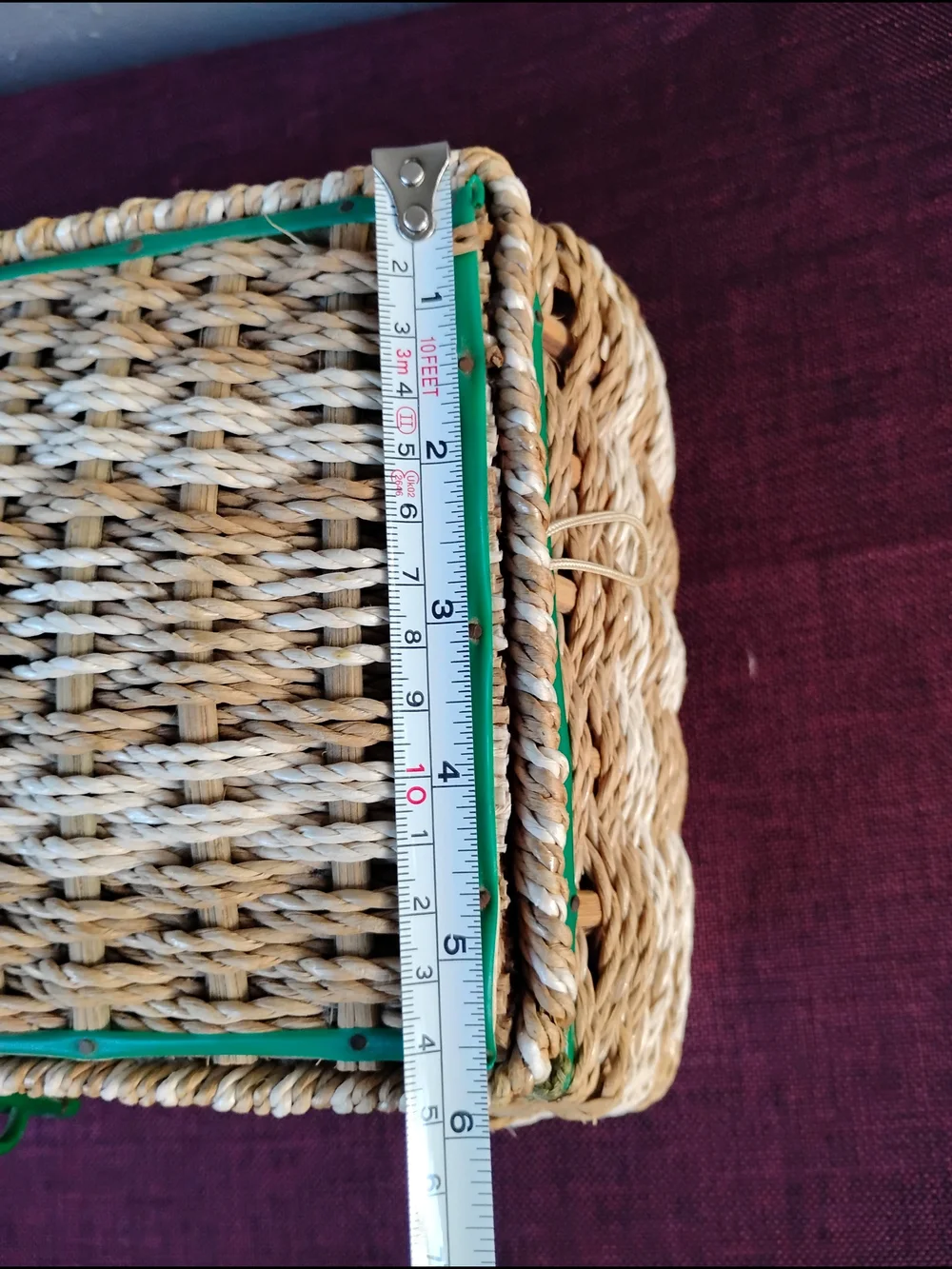 Vtg Wicker Sewing Basket Woven Beige  w/Green Lining Mid Century Made in Japan